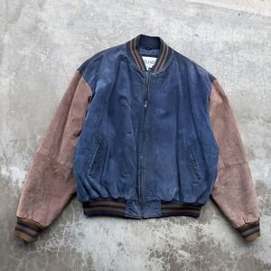 VTG Avalanche Jacket Mens 2XL Blue Suede Bomber Full Zip Lined Pockets Ribbed